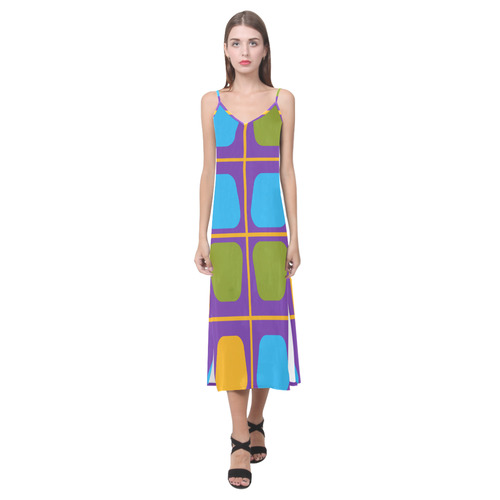 Shapes in squares pattern34 V-Neck Open Fork Long Dress(Model D18)