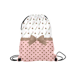 Brown Pink Flowers, Floral Pattern, Pink Brown Polka Dots, Brown Bow Medium Drawstring Bag Model 1604 (Twin Sides) 13.8"(W) * 18.1"(H)