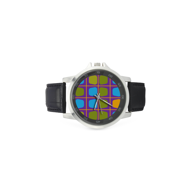 Shapes in squares pattern34 Unisex Stainless Steel Leather Strap Watch(Model 202)