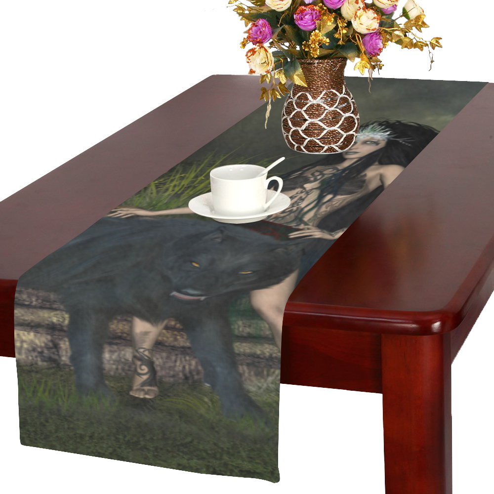 Awesome wolf with fairy Table Runner 16x72 inch