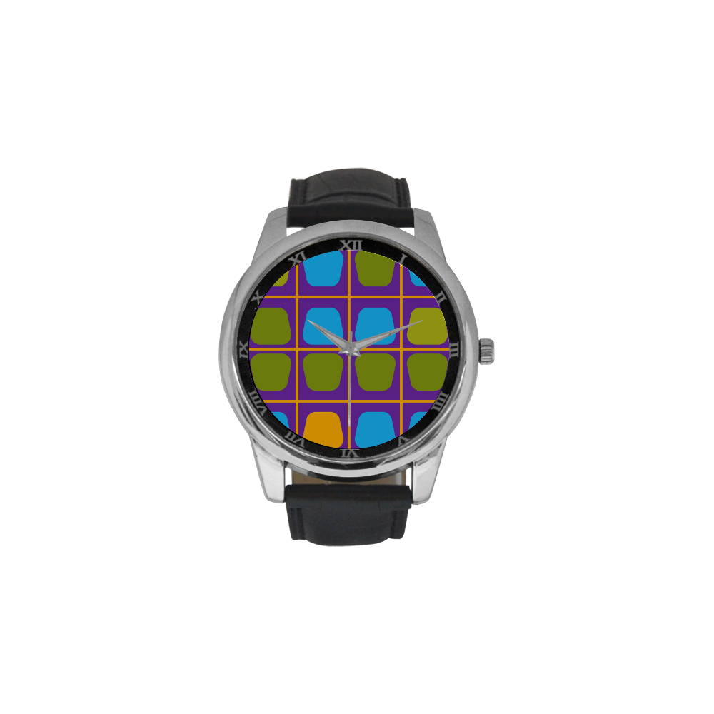 Shapes in squares pattern34 Men's Leather Strap Large Dial Watch(Model 213)