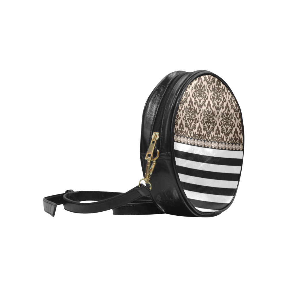 Brown Damask, Black White Stripes, Gemstones Round Sling Bag (Model 1647)