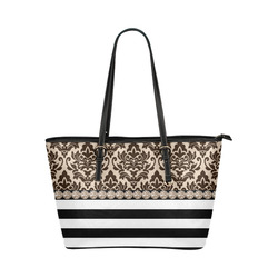 Brown Damask, Black White Stripes, Gemstones Leather Tote Bag/Small (Model 1651)