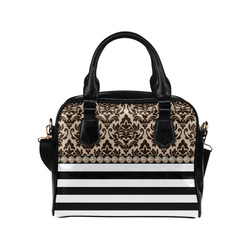 Brown Damask, Black White Stripes, Gemstones Shoulder Handbag (Model 1634)