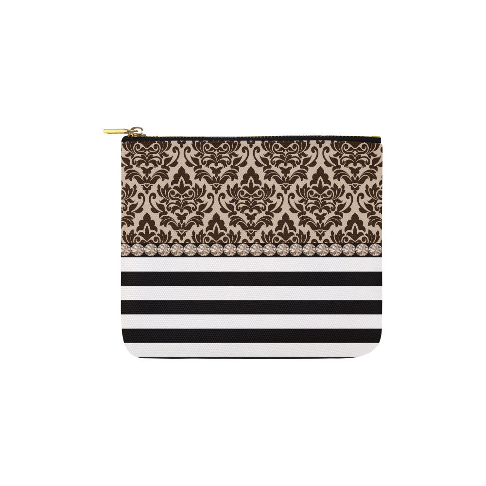 Brown Damask, Black White Stripes, Gemstones Carry-All Pouch 6''x5''