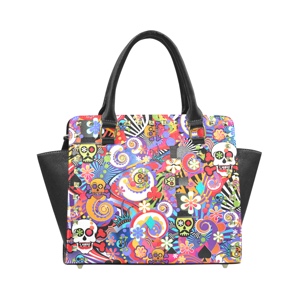 Fun Sugar Skull Print Handbag by Juleez Rivet Shoulder Handbag (Model 1645)