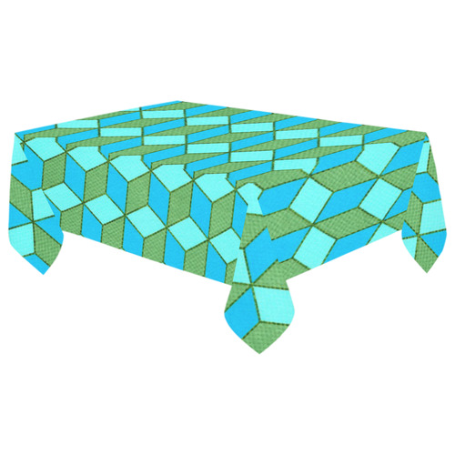 Blue Green Aqua Geometric Cubes Cotton Linen Tablecloth 60"x 104"