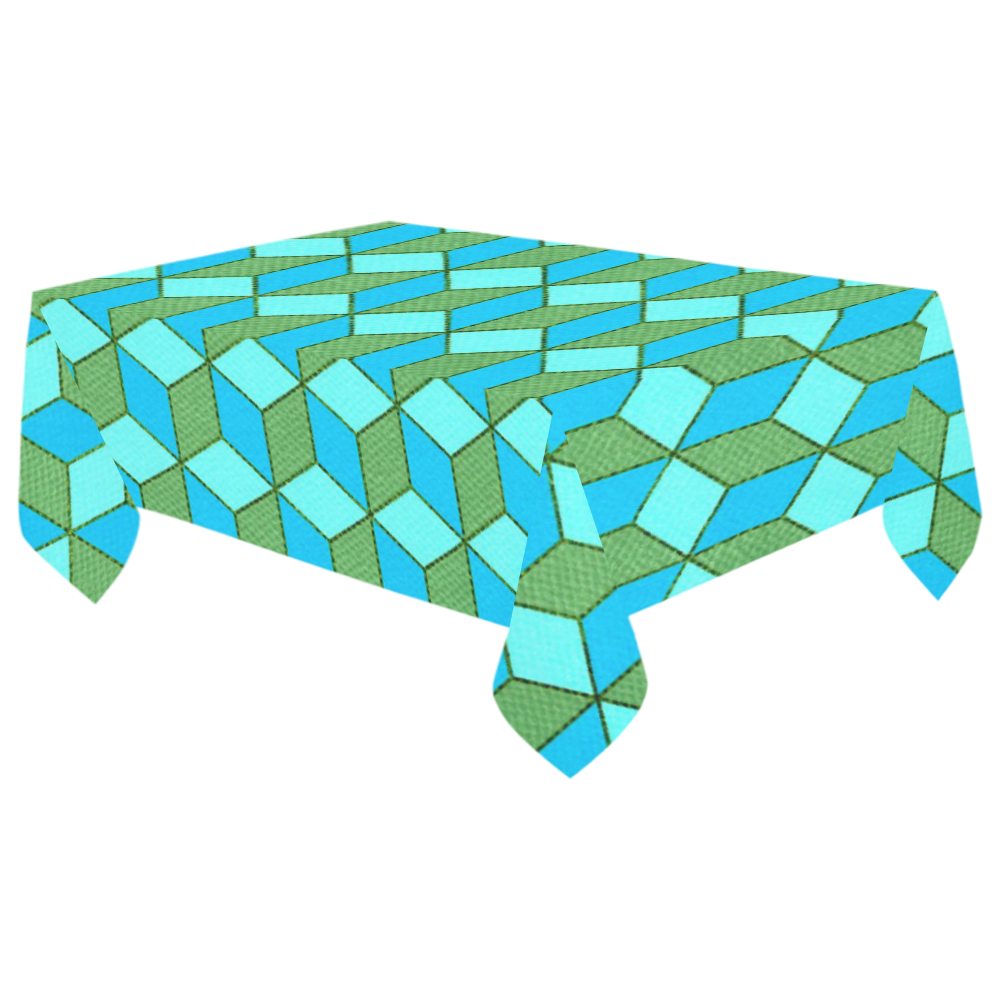 Blue Green Aqua Geometric Cubes Cotton Linen Tablecloth 60"x 104"
