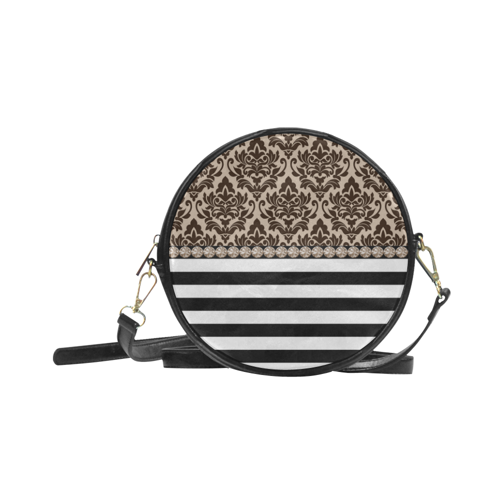 Brown Damask, Black White Stripes, Gemstones Round Sling Bag (Model 1647)
