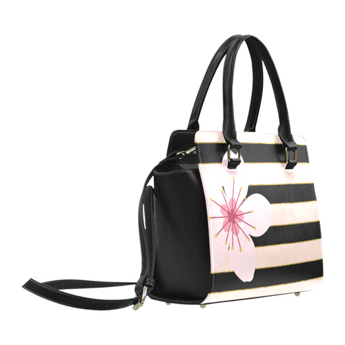 Pink Black Stripes and Cherry Blossom Flower, Floral Pattern Classic Shoulder Handbag (Model 1653)