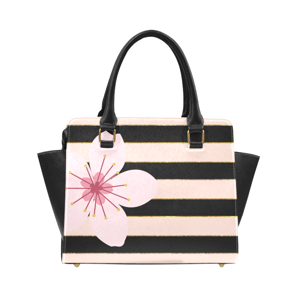 Pink Black Stripes and Cherry Blossom Flower, Floral Pattern Classic Shoulder Handbag (Model 1653)