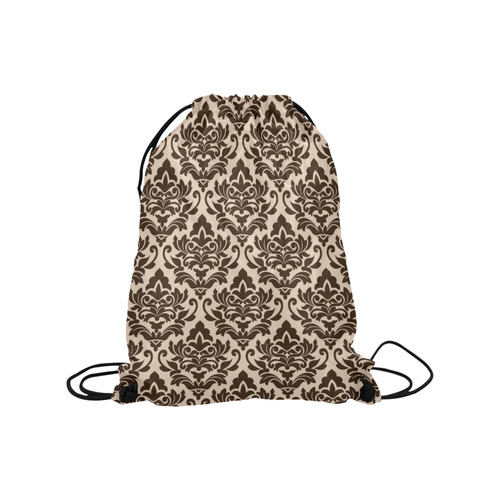 Brown Cream Damask Pattern Medium Drawstring Bag Model 1604 (Twin Sides) 13.8"(W) * 18.1"(H)