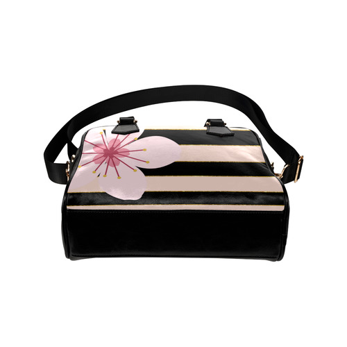 Pink Black Stripes and Cherry Blossom Flower, Floral Pattern Shoulder Handbag (Model 1634)