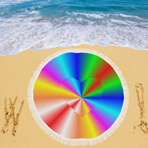 Rainbow Sunburst Love Heart Circular Beach Shawl 59"x 59"