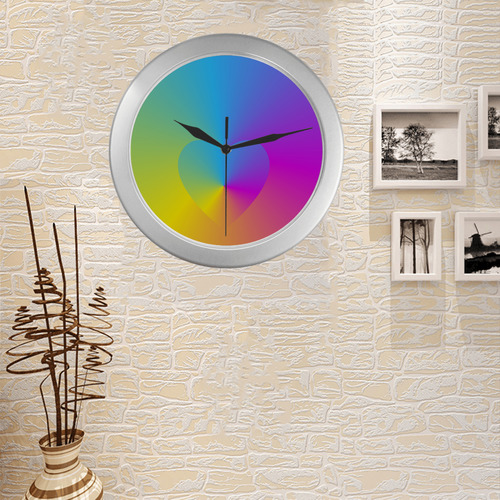 Pastel Rainbow Love Heart Silver Color Wall Clock