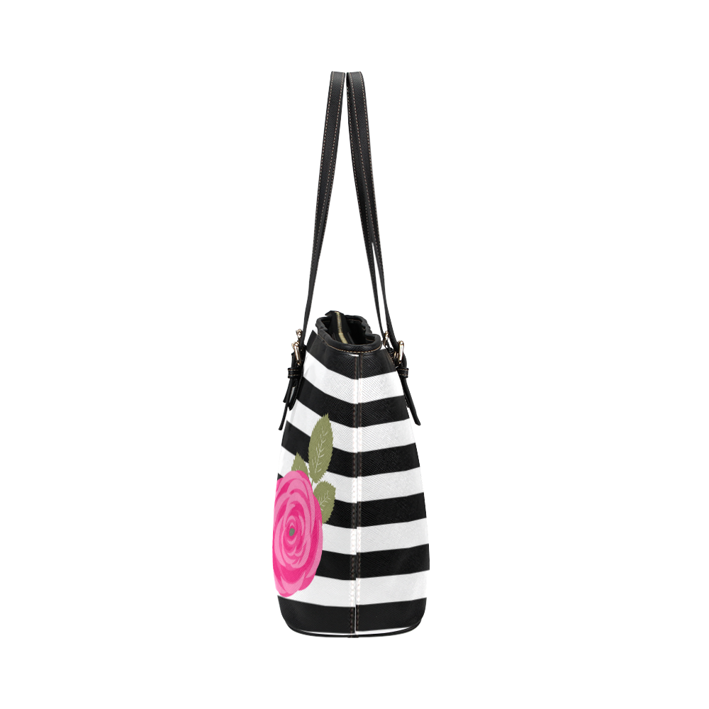 Black White Stripes and Hot Pink Rose Flower Leather Tote Bag/Small (Model 1651)