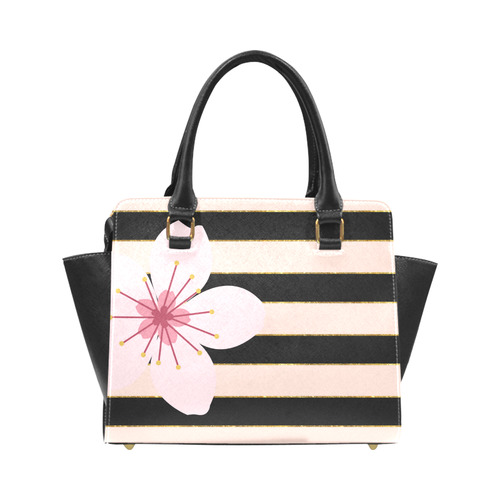 Pink Black Stripes and Cherry Blossom Flower, Floral Pattern Rivet Shoulder Handbag (Model 1645)