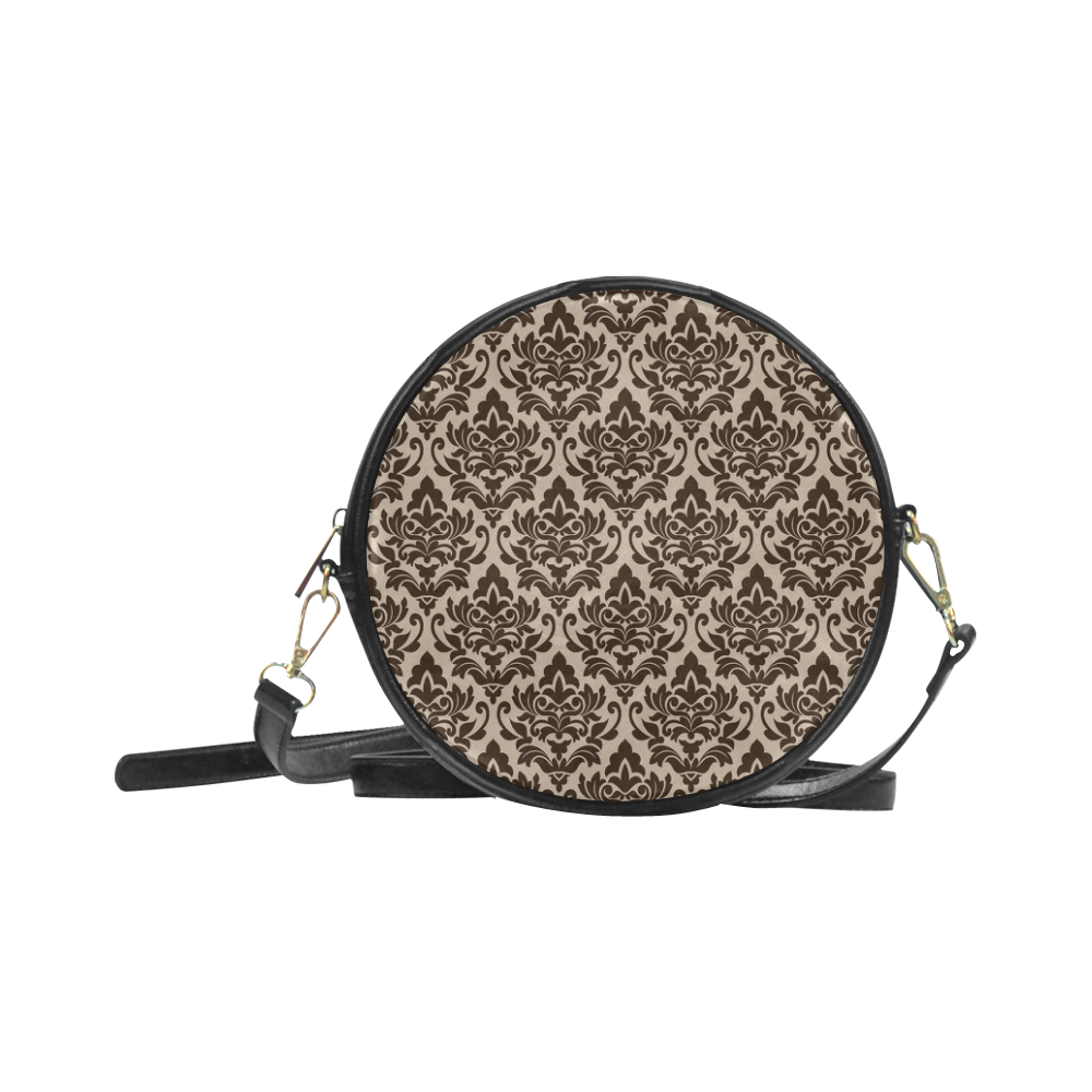 Brown Cream Damask Pattern Round Sling Bag (Model 1647)