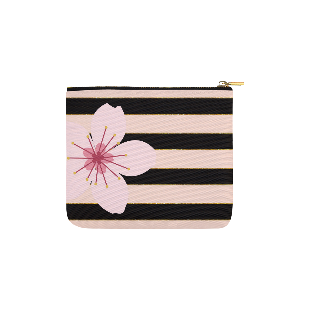 Pink Black Stripes and Cherry Blossom Flower, Floral Pattern Carry-All Pouch 6''x5''