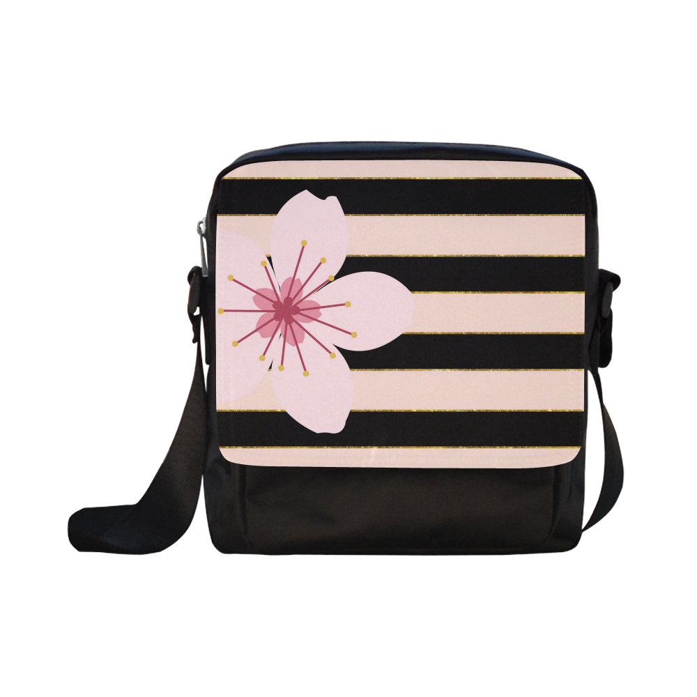 Pink Black Stripes and Cherry Blossom Flower, Floral Pattern Crossbody Nylon Bags (Model 1633)