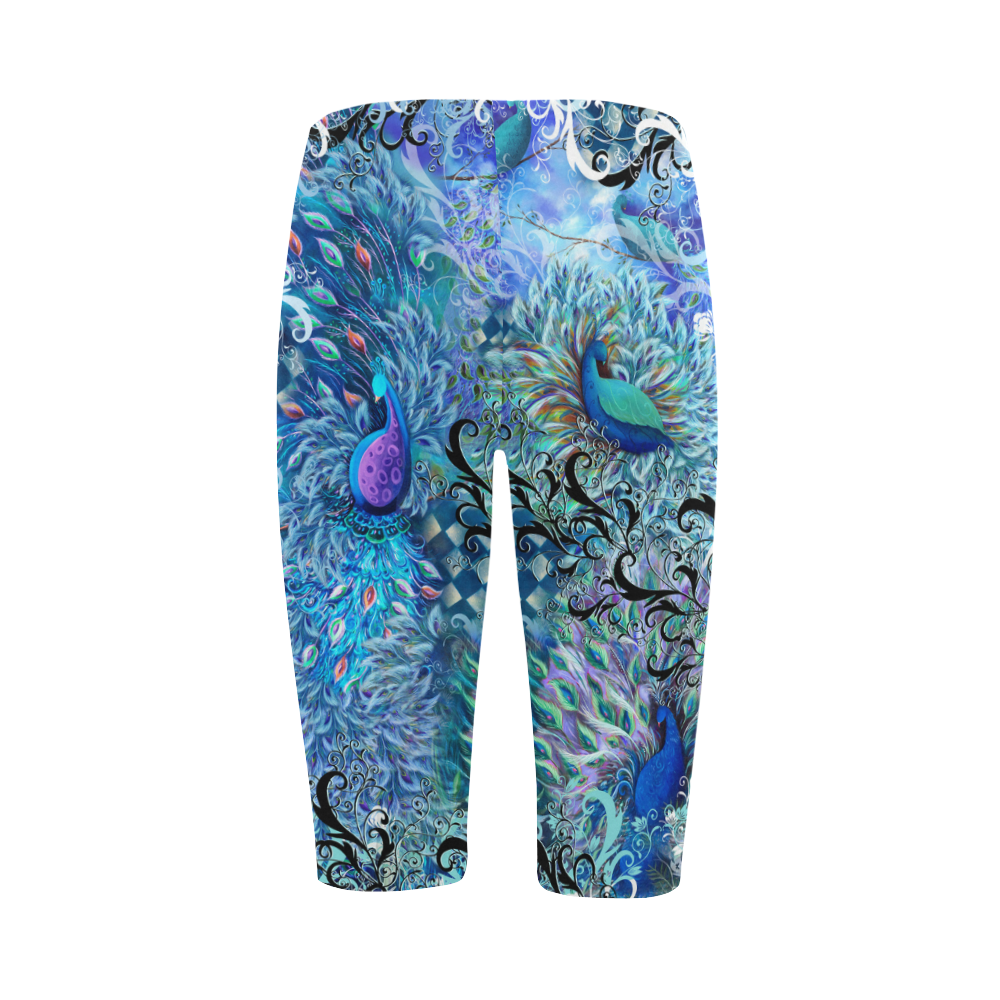 Blue Peacock Print Crop Leggings Hestia Cropped Leggings (Model L03)