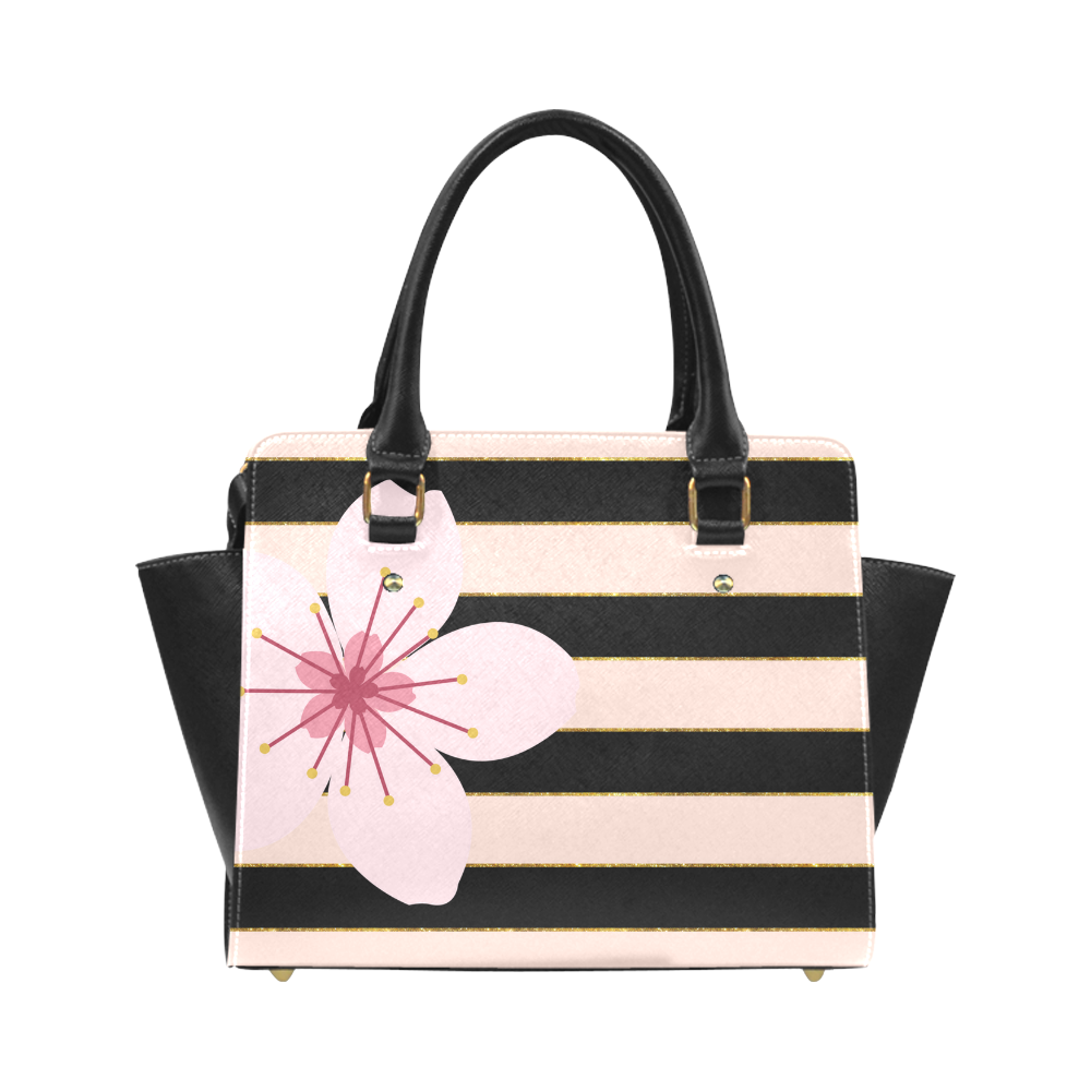 Pink Black Stripes and Cherry Blossom Flower, Floral Pattern Classic Shoulder Handbag (Model 1653)