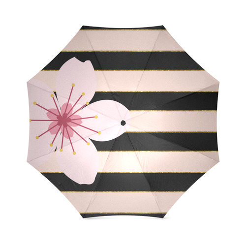 Pink Black Stripes and Cherry Blossom Flower, Floral Pattern Foldable Umbrella (Model U01)