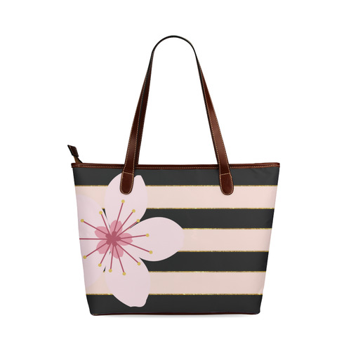 Pink Black Stripes and Cherry Blossom Flower, Floral Pattern Shoulder Tote Bag (Model 1646)