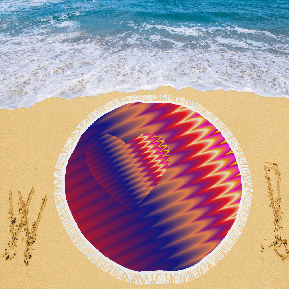 Red, Blue & Orange Summer Sunset Love Heart Circular Beach Shawl 59"x 59"