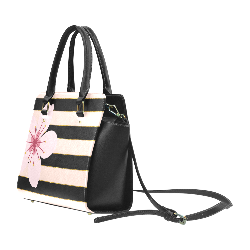 Pink Black Stripes and Cherry Blossom Flower, Floral Pattern Classic Shoulder Handbag (Model 1653)