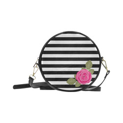 Black White Stripes and Hot Pink Rose Flower Round Sling Bag (Model 1647)