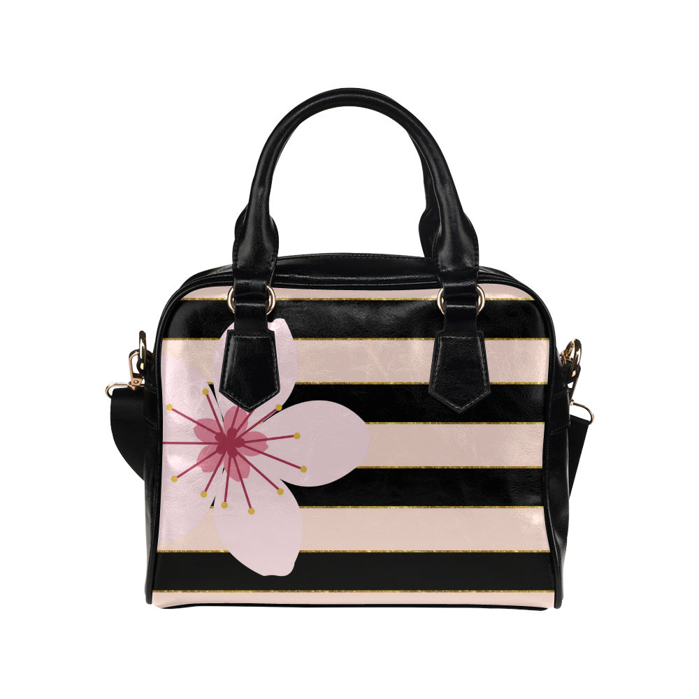 Pink Black Stripes and Cherry Blossom Flower, Floral Pattern Shoulder Handbag (Model 1634)