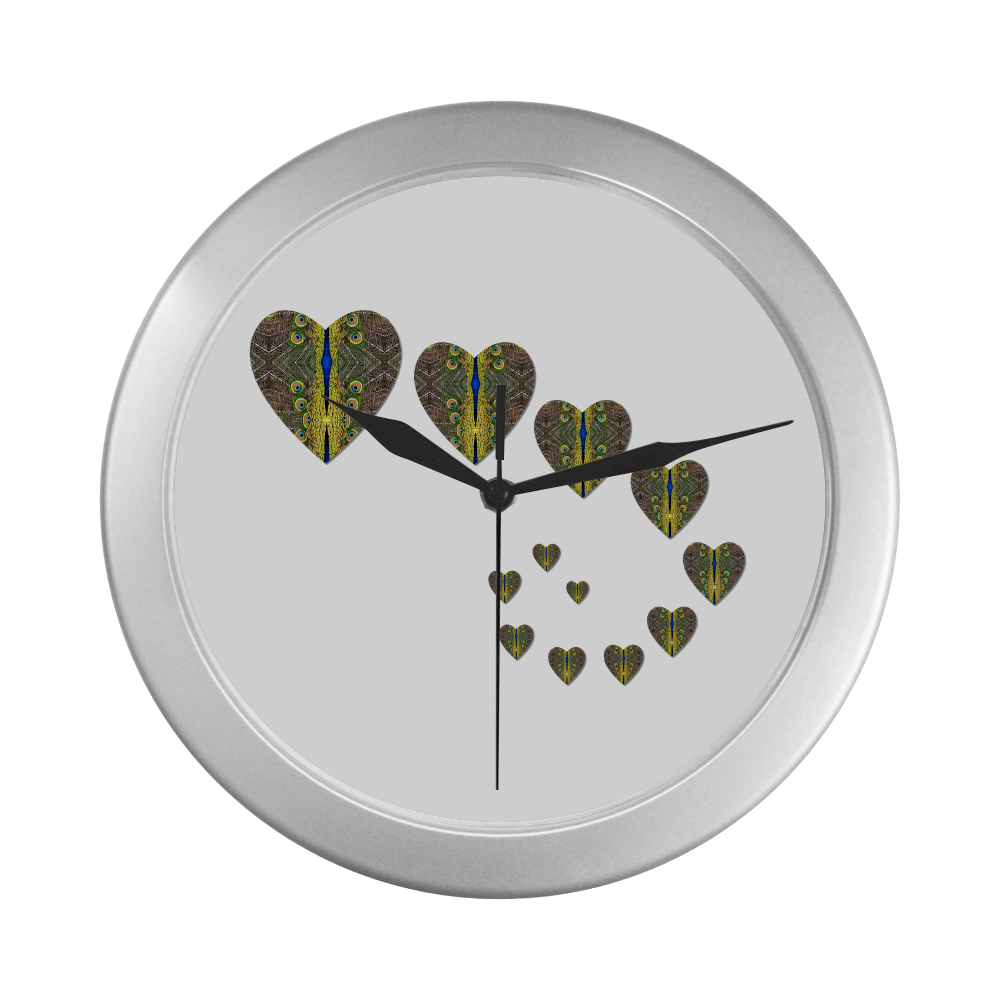 Peacock Feathers  Love Hearts Trail Silver Color Wall Clock