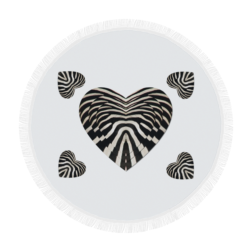 Black and White Zebra Fur Love Hearts Circular Beach Shawl 59"x 59"