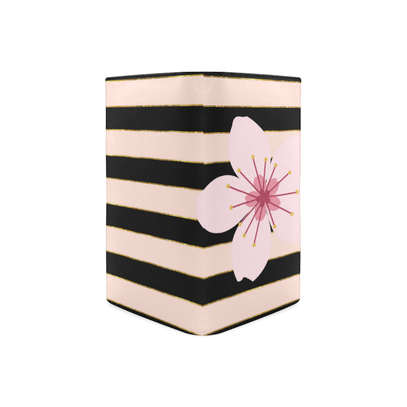 Pink Black Stripes and Cherry Blossom Flower, Floral Pattern Women's Leather Wallet (Model 1611)