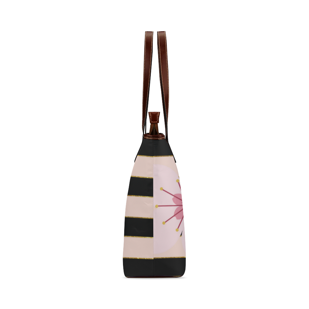 Pink Black Stripes and Cherry Blossom Flower, Floral Pattern Shoulder Tote Bag (Model 1646)