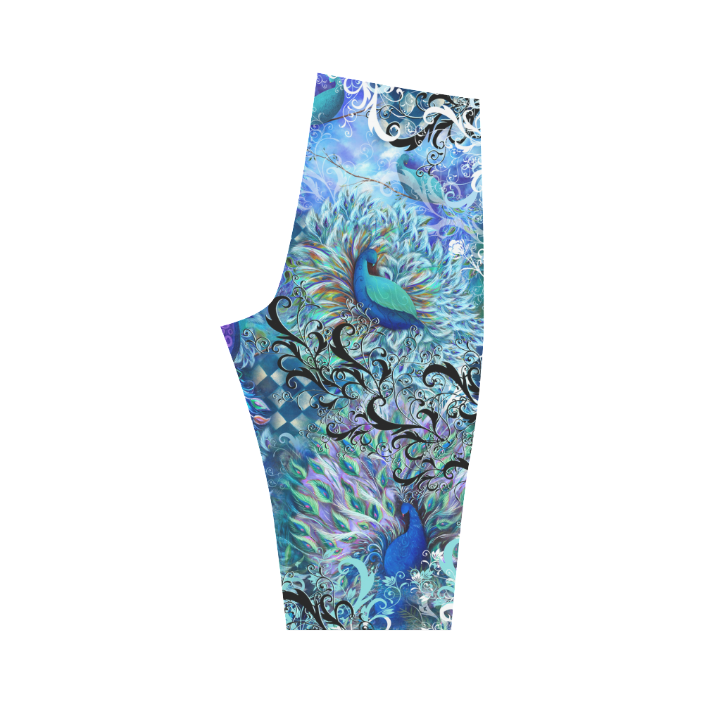 Blue Peacock Print Crop Leggings Hestia Cropped Leggings (Model L03)