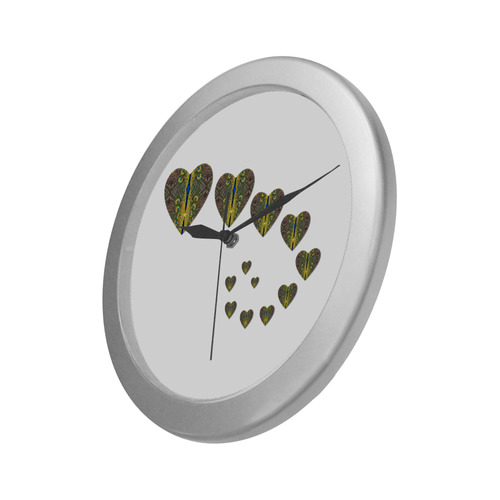 Peacock Feathers  Love Hearts Trail Silver Color Wall Clock