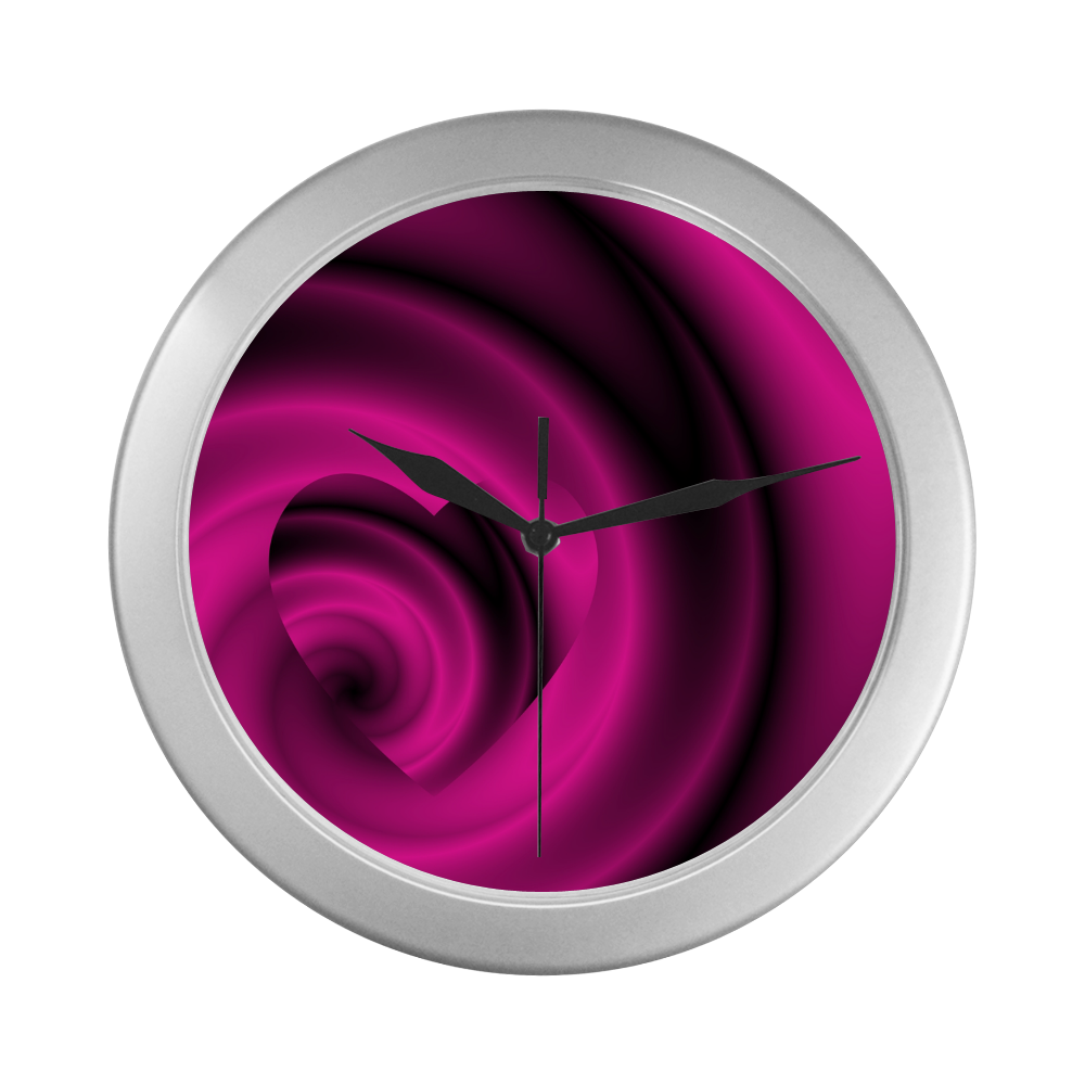 Fuchsia Pink & Purple Swirls Love Heart Silver Color Wall Clock