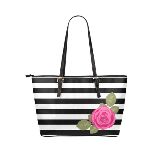 Black White Stripes and Hot Pink Rose Flower Leather Tote Bag/Small (Model 1651)