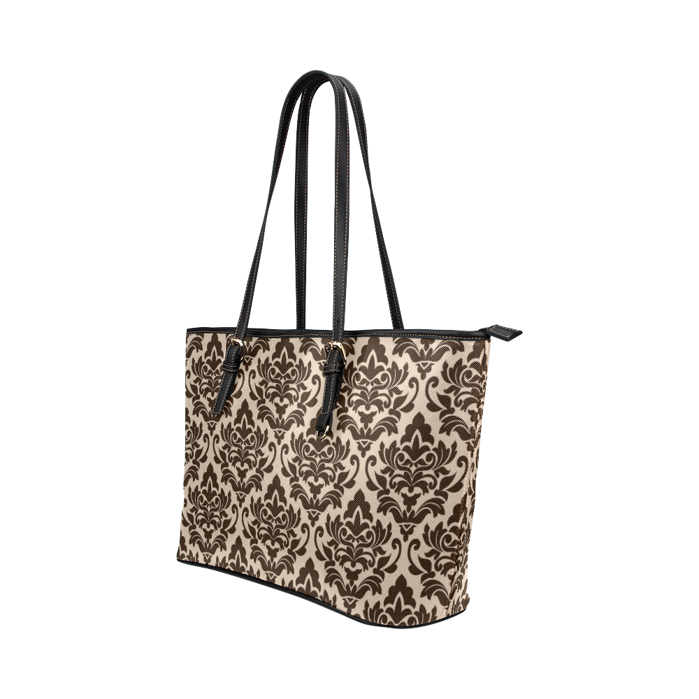 Brown Cream Damask Pattern Leather Tote Bag/Small (Model 1651)