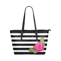 Black White Stripes and Hot Pink Rose Flower Leather Tote Bag/Small (Model 1651)