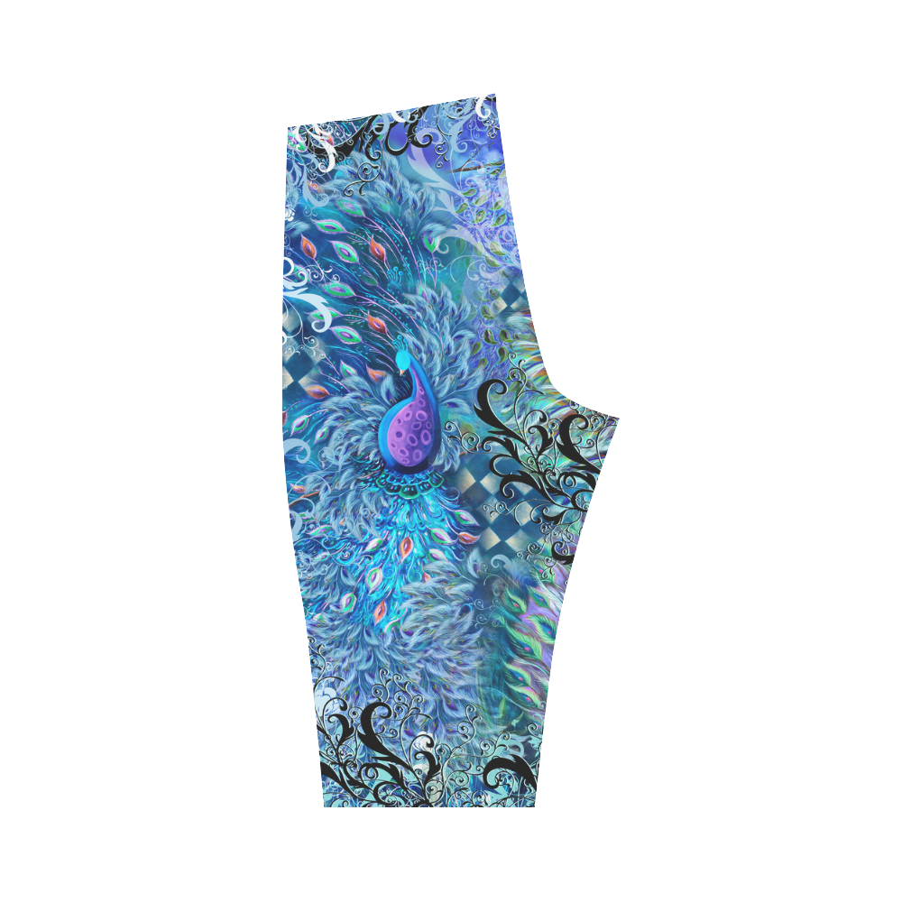 Blue Peacock Print Crop Leggings Hestia Cropped Leggings (Model L03)