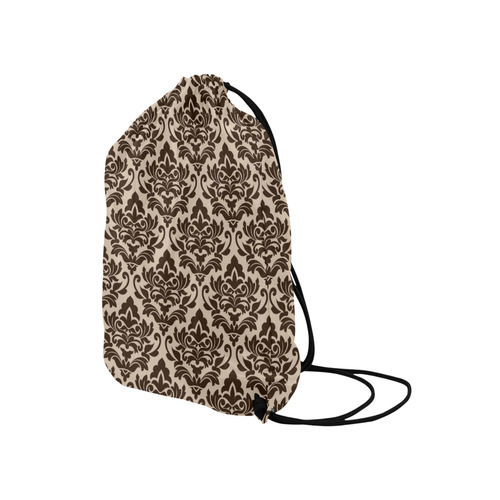 Brown Cream Damask Pattern Medium Drawstring Bag Model 1604 (Twin Sides) 13.8"(W) * 18.1"(H)