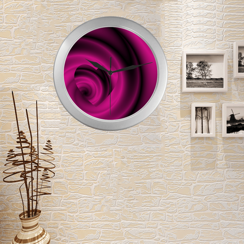 Fuchsia Pink & Purple Swirls Love Heart Silver Color Wall Clock