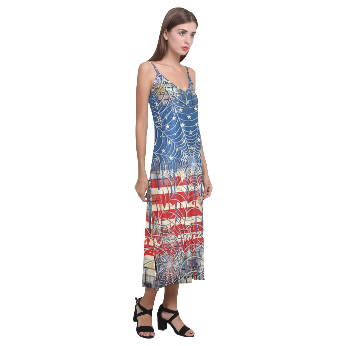 USA Flag Cobweb Printed Dress V-Neck Open Fork Long Dress(Model D18 ...