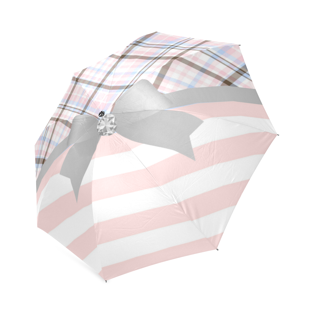 Pink Blue Grey Plaid, Pink Stripes, Grey Bow Foldable Umbrella (Model U01)