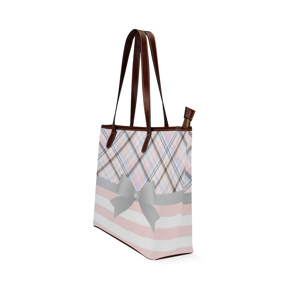 Pink Blue Grey Plaid, Pink Stripes, Grey Bow Shoulder Tote Bag (Model 1646)