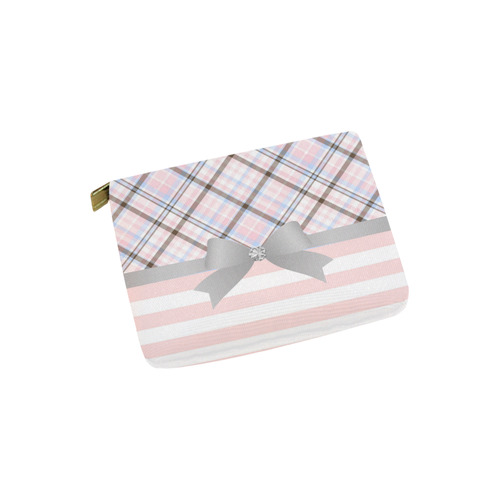 Pink Blue Grey Plaid, Pink Stripes, Grey Bow Carry-All Pouch 6''x5''