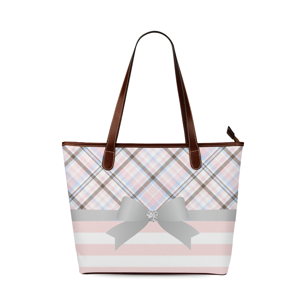Pink Blue Grey Plaid, Pink Stripes, Grey Bow Shoulder Tote Bag (Model 1646)